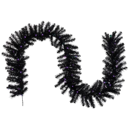 9ft. Purple LED Pre-Lit Black Crystal Pine Artificial Halloween Garland